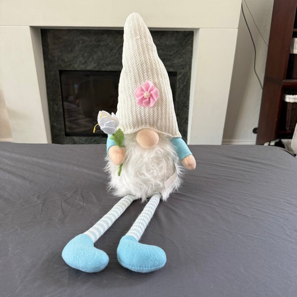 Spring Easter Gnome Plush 26" Long Legs White Knit Hat Flowers Shelf Sitter
